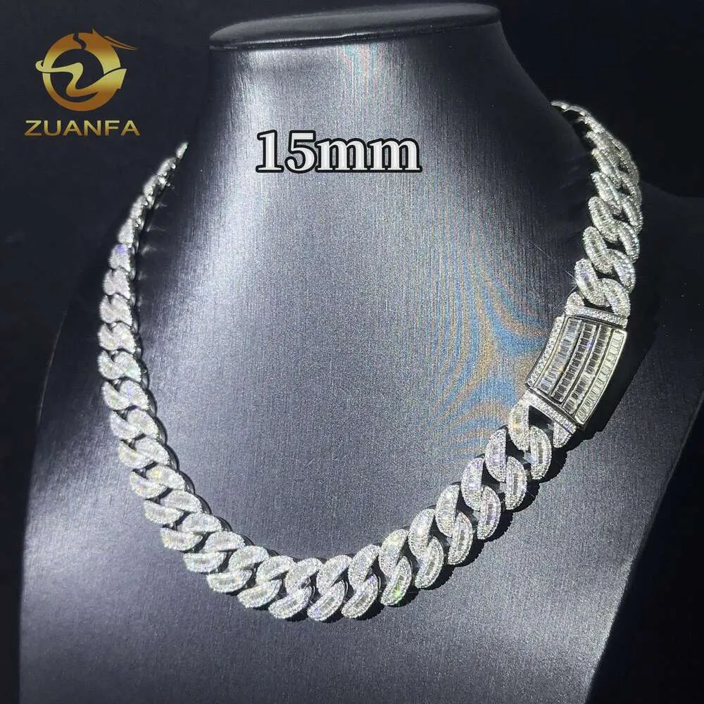 Testing Hip Hop Jewelry 15Mm Long Stick Bread Cut Sier Moon VVS Molded Stone Cuban Chain