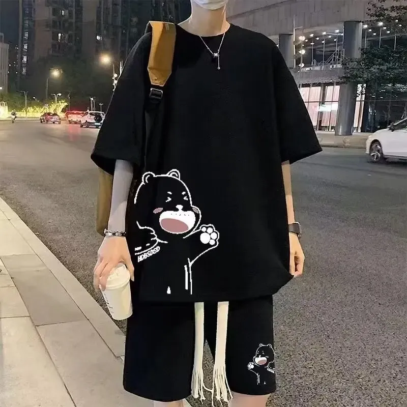 Summer Man Tracksuit Japan Cartoon Streetwear Hip Hop Rock Casual Short Suit Cool Waffle T -koszule Koszule 2 sztuki Zestaw 240409