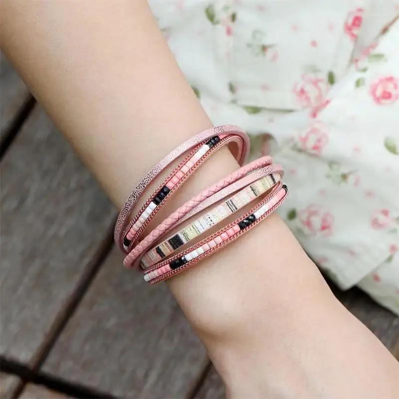 Bangle Bohemian Style Bracelet Beaded Leather High Quality Wear-resistant Rice Beads Multilayer Handmade Woven