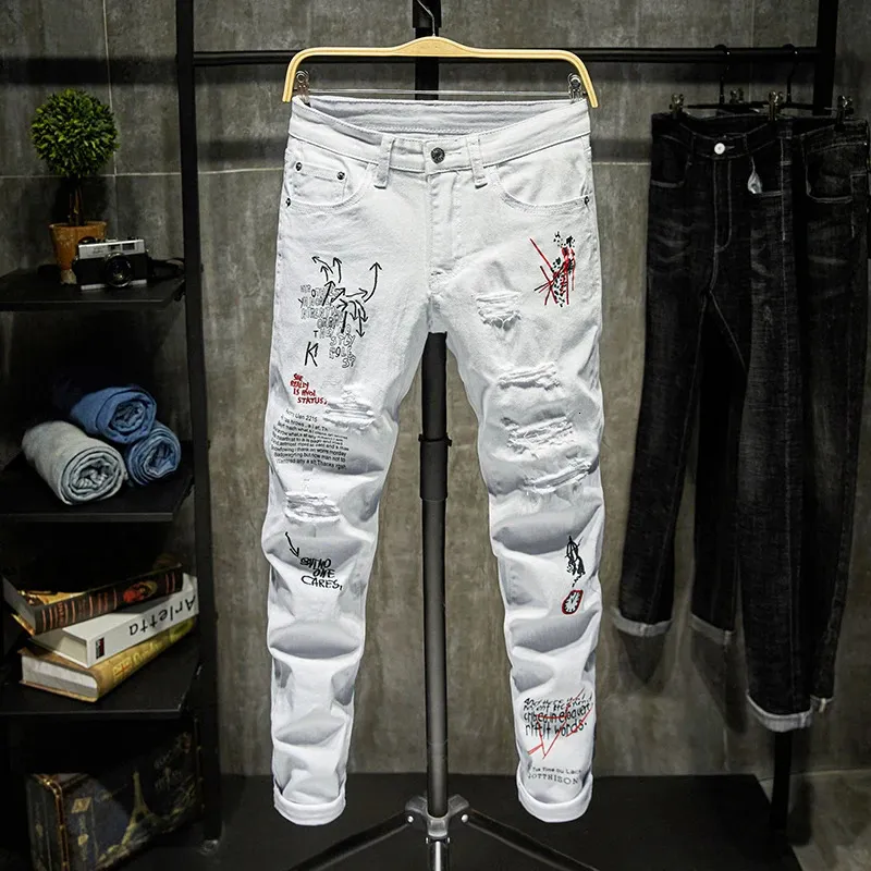 Fashion Trendy brodery Letters Men College Boys Skinny Ritiway Zipper Denim Pantalon détruit jean déchiré jeans blanc noir 240403
