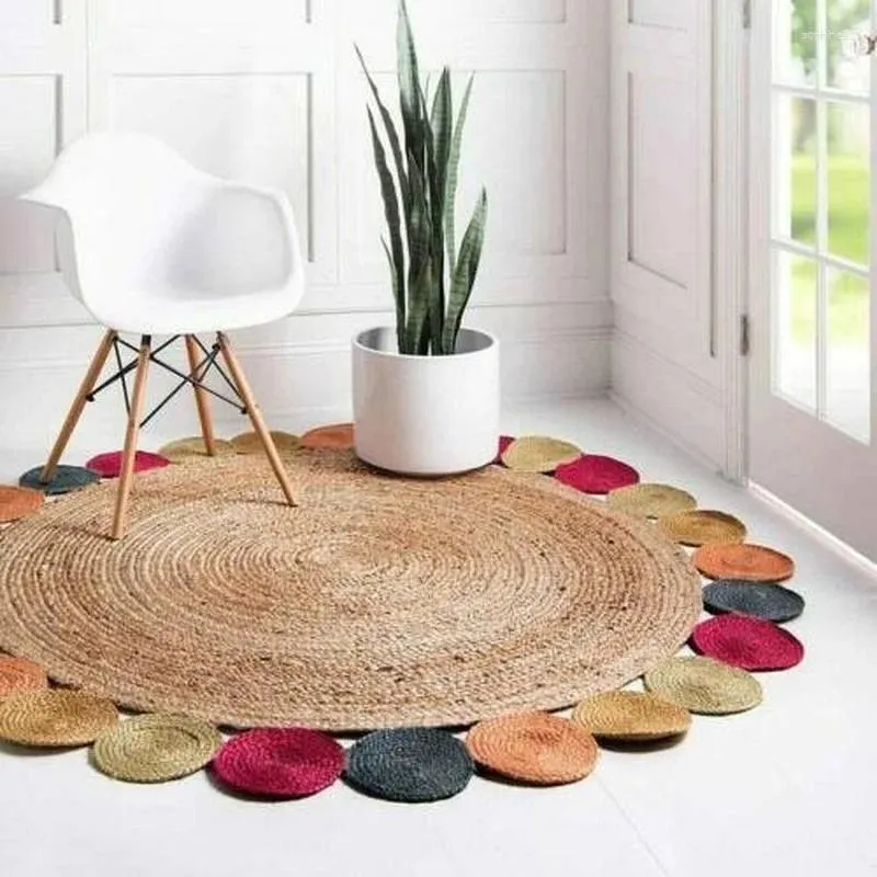 Tapis de jute de jute conception de cercle naturel rond à la main le country boho look 4 x ft