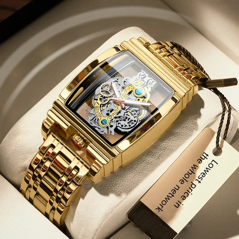 Zegarki 2023 Modne zegarki męskie Patent Tonneau Square Watch Strażnik Przezroczysty szkielet zegarek Sport Waterproof Luksusowy zegarek skórzany