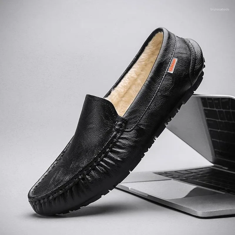 Casual Shoes Fur Men Loafers Soft Man Moccasins High Quality Winter Leather For Warm Slip On Flats Plush Mens Driving