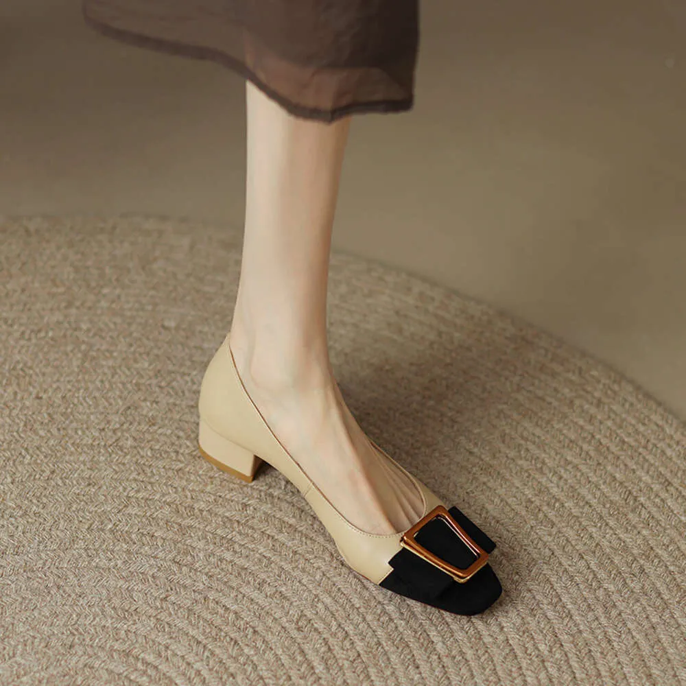 Temperament small fragrance color matching square head shallow mouth thick heel shoes womens middle heel sheepskin French square buckle small high heels