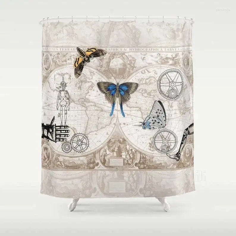 Shower Curtains Steampunk Curtain Gears Industrial Chic Bathroom Machines Death Head Moth Unique Map