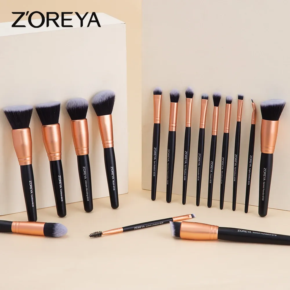 Shadow Zoreya Brushes de maquillage de luxe professionnels, 15pcs Fondation de fard à paupières contour lèvre premium synthétique kabuki pinceau