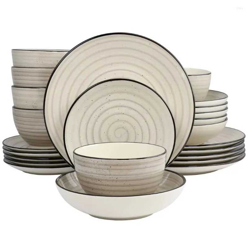 Placas Elama Gia 24 peças Stoare Dinnerware Set em Creme Swirl e Design Speckle Design clássico Shape de servir pratos