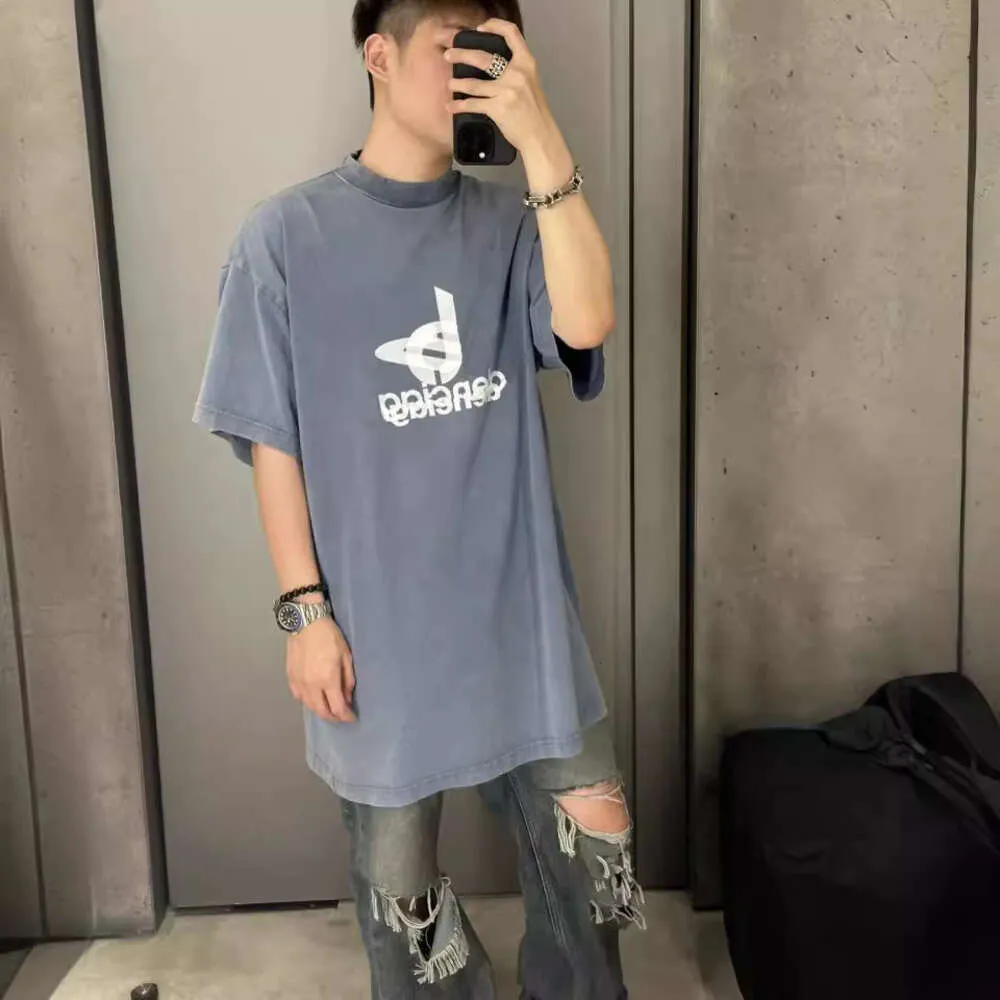 High Version b Familys Ghosting Printed T-shirt Correct Version Washed Gradient Distressed Short Sleeved Couple Versatile Loose Fitting