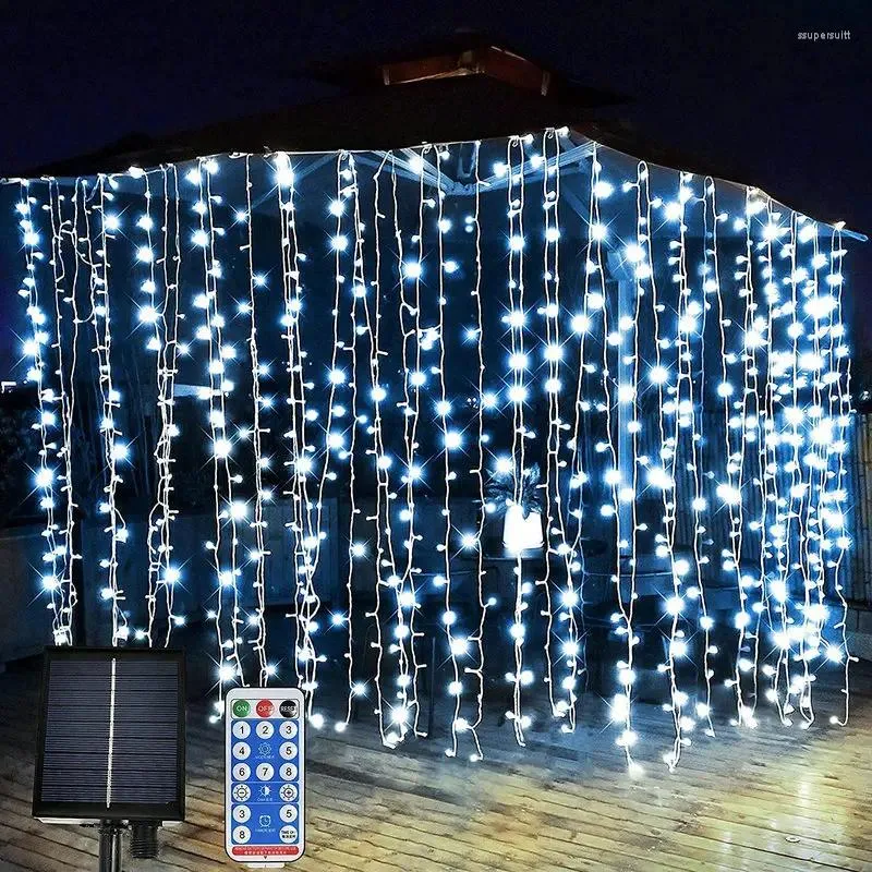 パーティーの装飾アップグレードされたソーラーカーテンライト300LEDS 8モードリモートコントロール防水滝フェアリーストリングライト