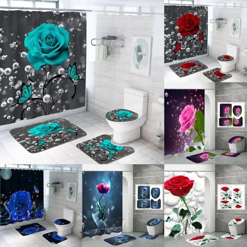 Rideaux de douche rideau de fleurs en turbulence avec tapis turquoise baignoires roses tapis de bain romantique de décoration de salle de bain florale de 4 pcs