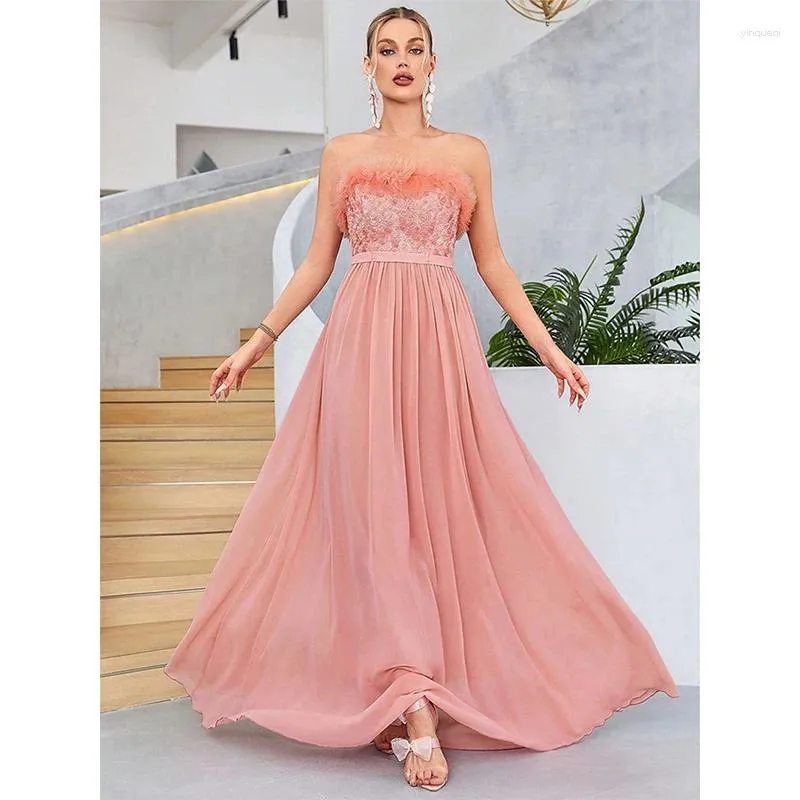 Casual klänningar kvinnor sexig stropplös ärmlös rosa vestido de festa elegant brudtärna kvällsfest cocktail prom long maxi