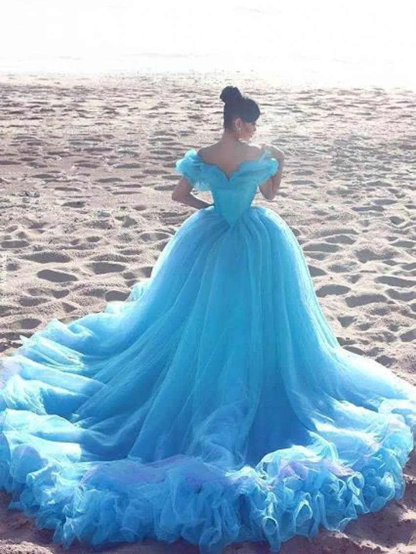 Fairy Blue Quinceanera jurken elegant off schouderbal jurk avond prom jurken lages ruches lange bruids gewaden formeel zoet 15 vestidos de bal bc18595