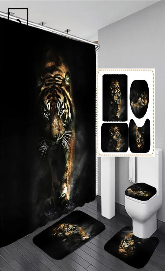 Tiger Animaux imprimés rideau de douche Set Salle de bain Écran de baignade anti-aslip.