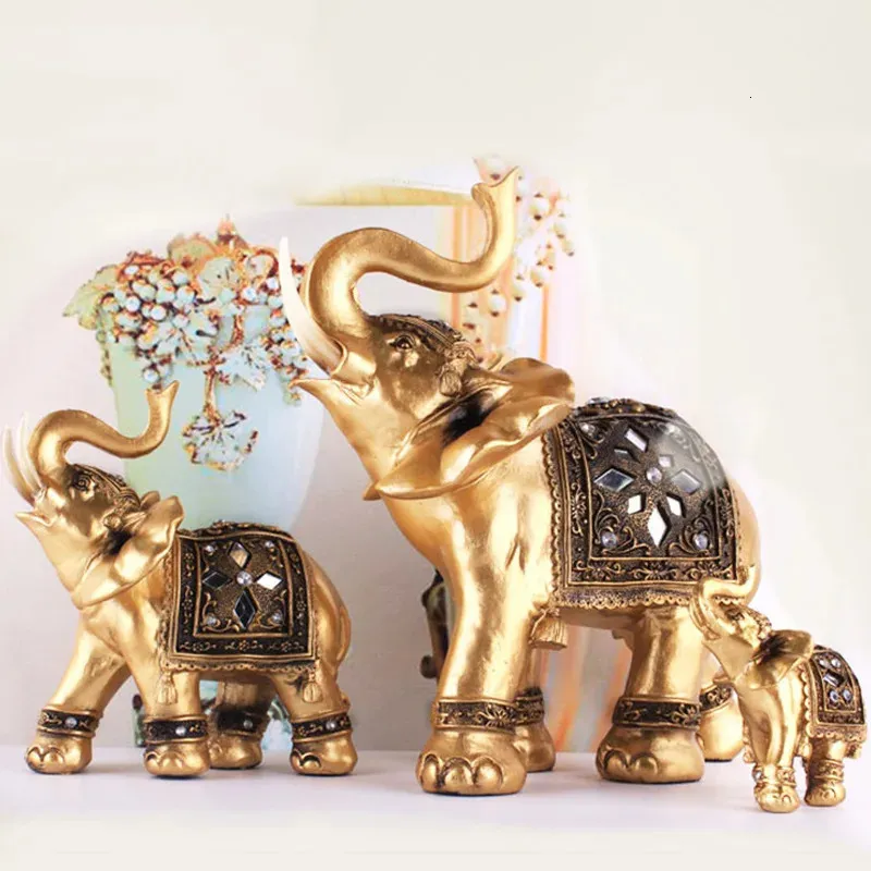 1pc Golden Resin Elephant Statue Feng Shui Elegant Elephant Trunk Sculpture Lucky Wealth Figurine Crafts Ornements Home Decor 240409
