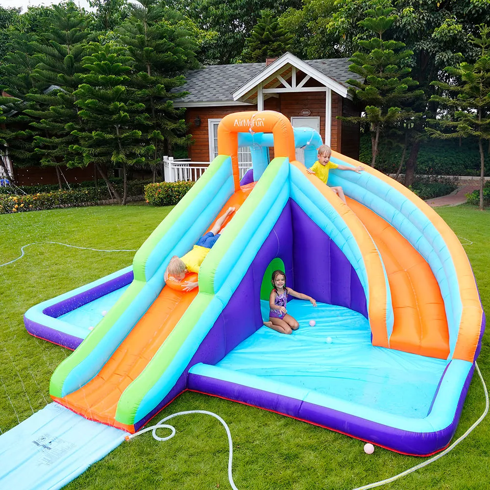 Kleine opblaasbare glijbaan voor zwembad Waterslide Park voor kinderen achtertuin met klimmuur dubbele glijbanen Splash poolspeelgoed voor jongensmeisjes, waaronder Air Blower Party Games Gifts