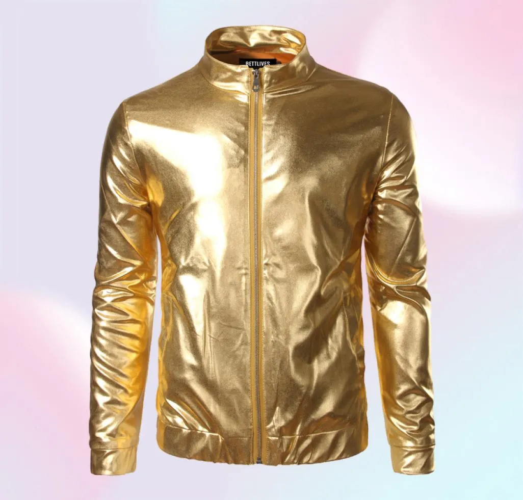 Whole Nightclub Trend Giacca Gold Metallic Gold Shiny Men Veste Homme Fashion Brand FrontZip Giacca bomber da baseball leggera B4493297