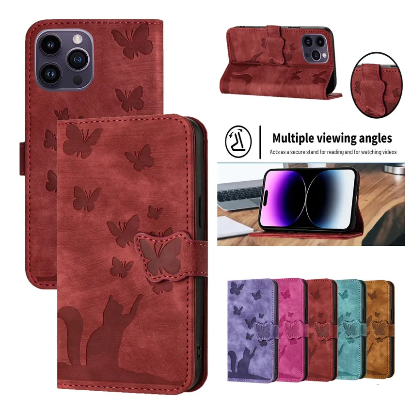 Flip Walle Leather Phone Case pour iPhone 15 14 7 8 SE 13 plus 12 11 Pro Xs XR MAX Cat Butterfly Pattern Carte Holder Livre Couverture du livre