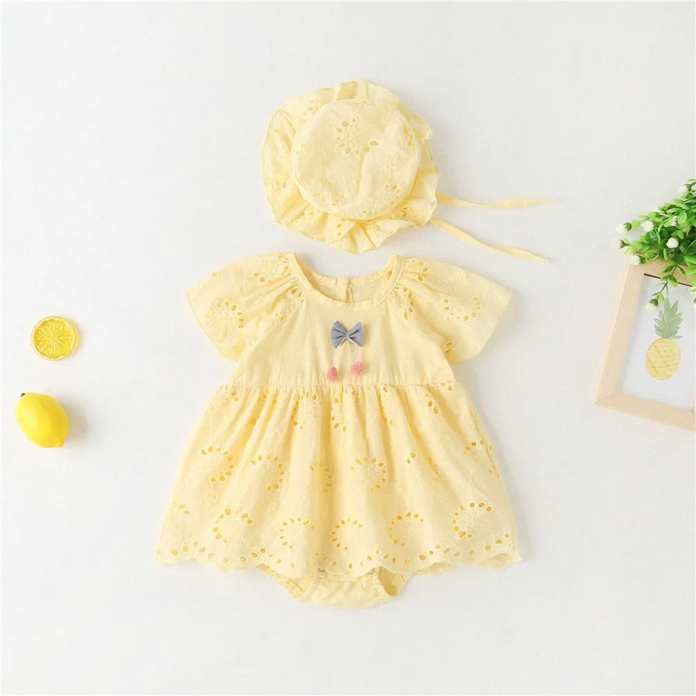 Baby rompers barn kläder spädbarn jumpsuit sommar tunna nyfödda barnkläder med hatt rosa gul vit i5nf#
