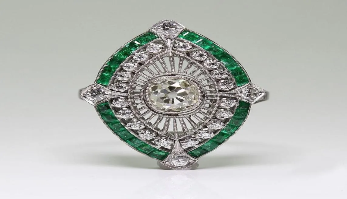 Antique Art Deco 925 Sterling Silver Emerald White Sapphire Floral Engagement Party Ring Dimensione Anniversario Giornata US 5 124609043