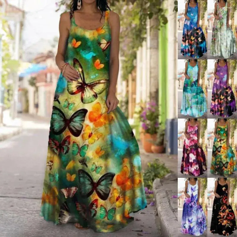 Vestidos casuais 2024 Mulheres de verão Tie-Dye 3D Impressão de borboleta Vestido de flores Suspenders sem alças