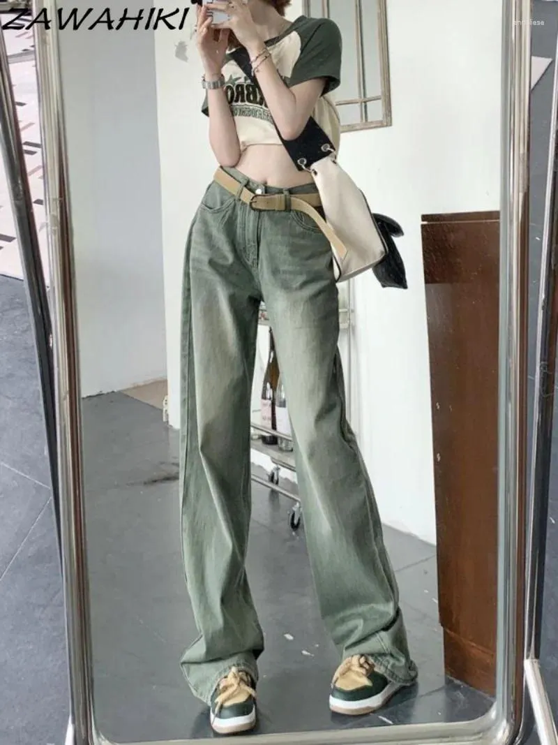 Jeans féminins américain High Street Vintage Green Straitement Femmes Spring Au automne Chic conçu Pantalon de tempérament minimaliste
