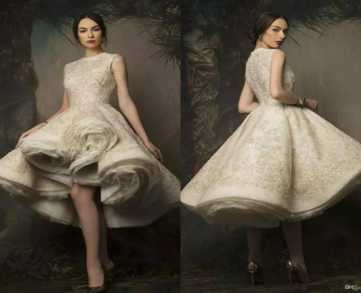 High Low Ball Gown Dresses Evening Wear 2019 Krikor Jabotian Jewel Neckline Sleeveless Knee Length Lace Prom Gowns With Sequins An4352664