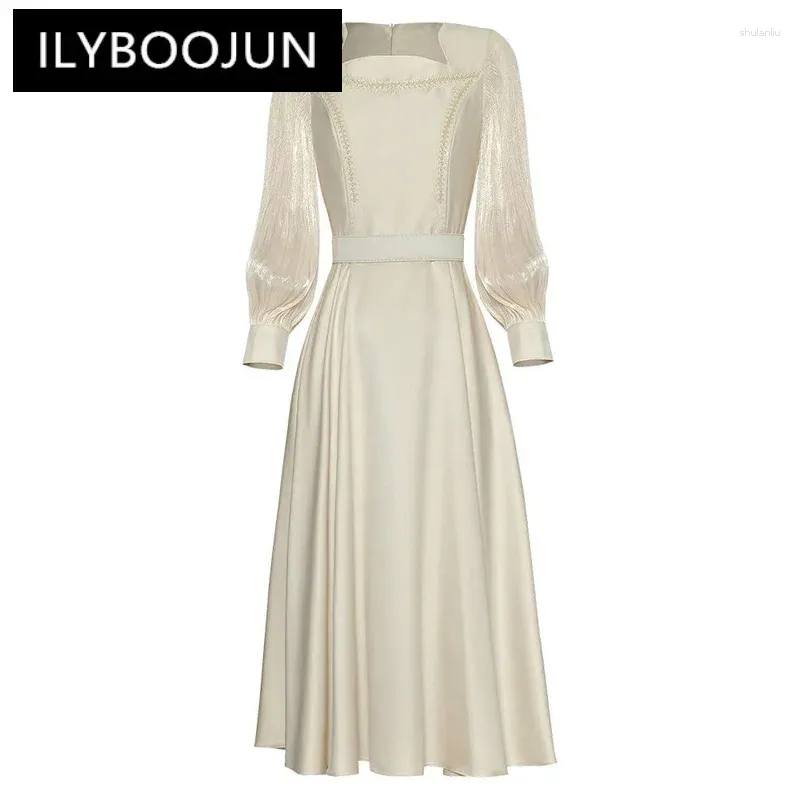 Повседневные платья Ilyboojun Fashioner Designer Summer Women Plone Square воротник с рубашкой из рукавов с фонаря высокая талия Midi