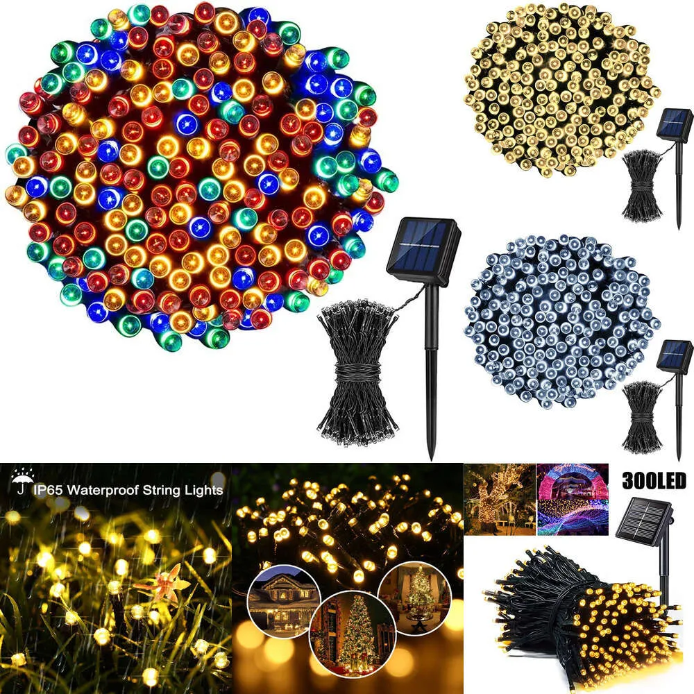 Nieuwe zonne -led String Fairy Light Waterdichte buiten 32 m/22m/12m Garland Street Lamp Frestoon Kerstfeest voor tuindecoratie