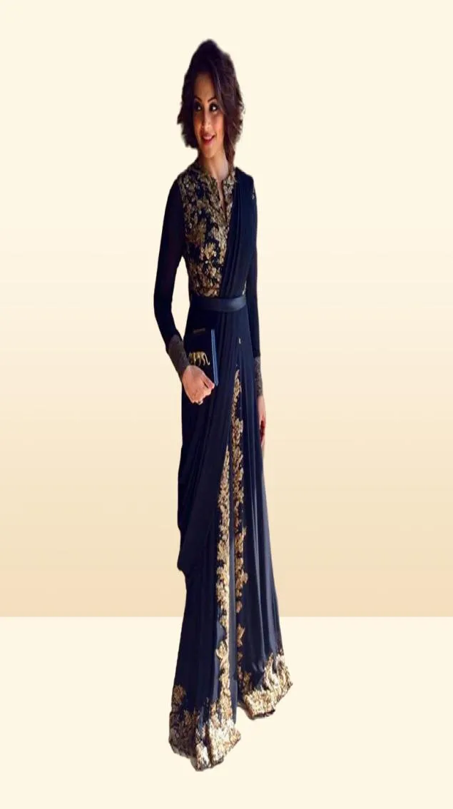 Gouden Emboridery Applique kralen Abaya Dubai Chiffon Kaftan Arabische promjurk Zwart lange mouw Slit avondjurk2063748