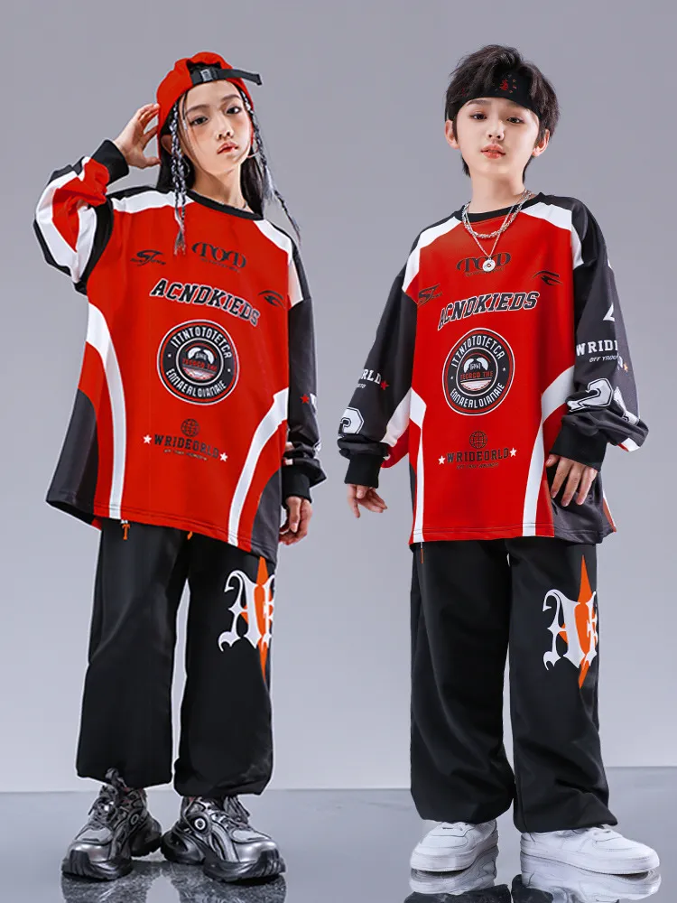 Hip Hop Clothing Set: Red Black Print Sweatshirt With Jogger