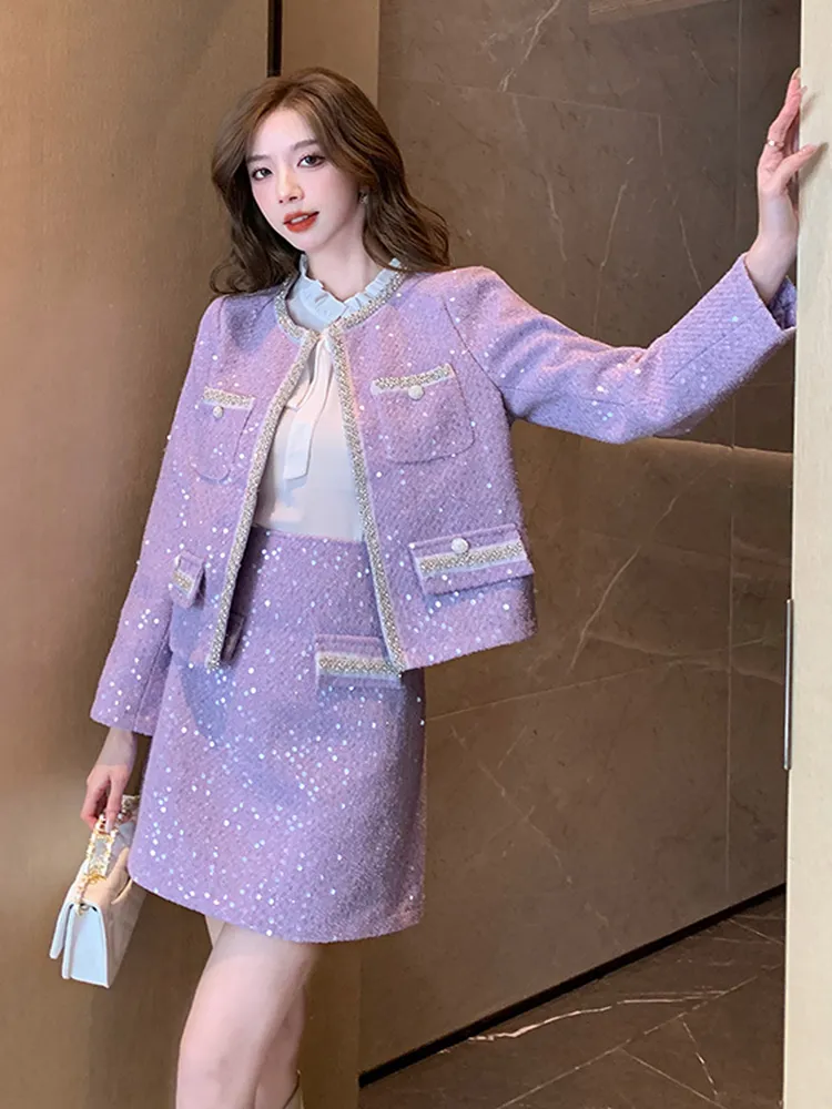 Sequin Jackets For Women: Purple Tweed Two Piece Set Elegant