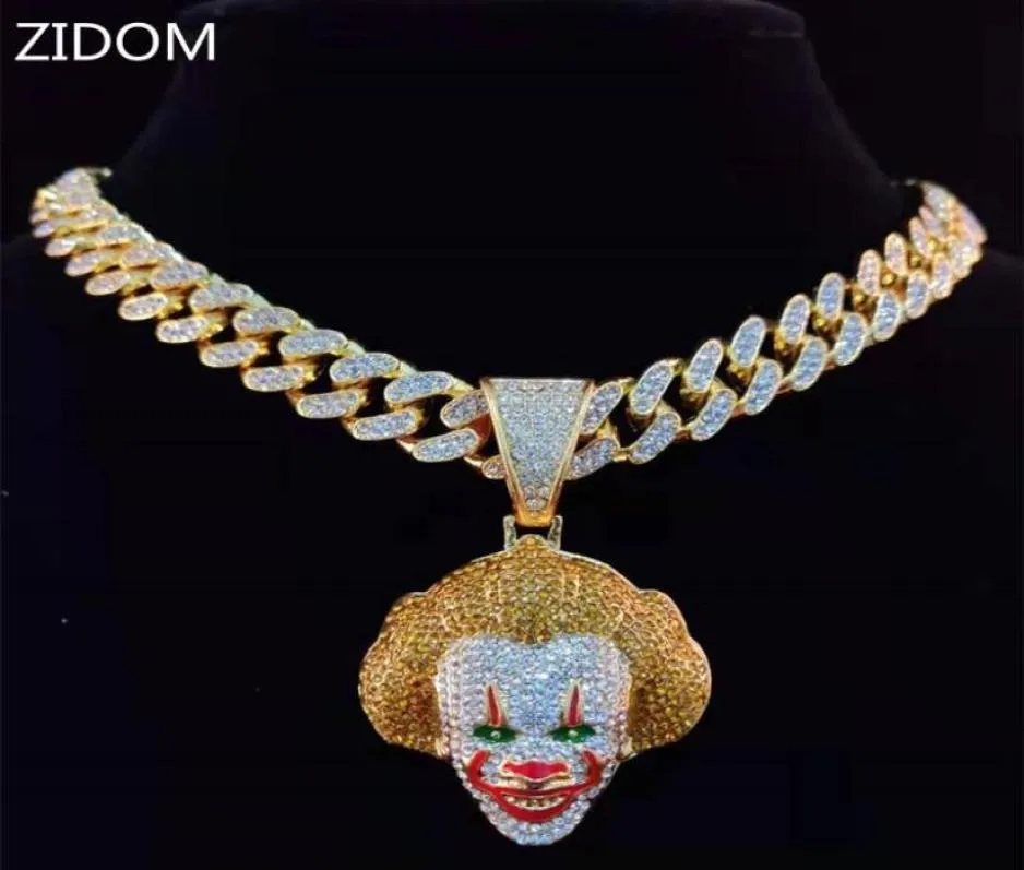 Men Women Hip Hop Movie Clown Pendant Necklace With 13mm Miami Cuban Chain Iced Out Bling HipHop Necklaces Male Charm Jewelry2219136