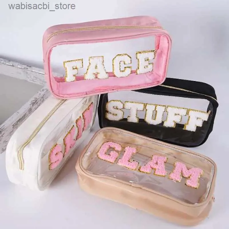 Kosmetiktaschen 4PCS gesticktes Buchstaben Durchscheinendes Urlaubsbeutel Toiletten- und Make -up -Beutel (Buchstabenfarbe zufällig) L49