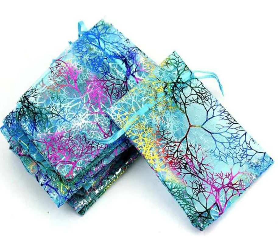100 PCSLOT Blue Coral Fashion Organza Jewely Gift Pouch Bags 4 Storlekar Drawstring Bag Organza Gift Candy Bags Diy Presentväskor9614625