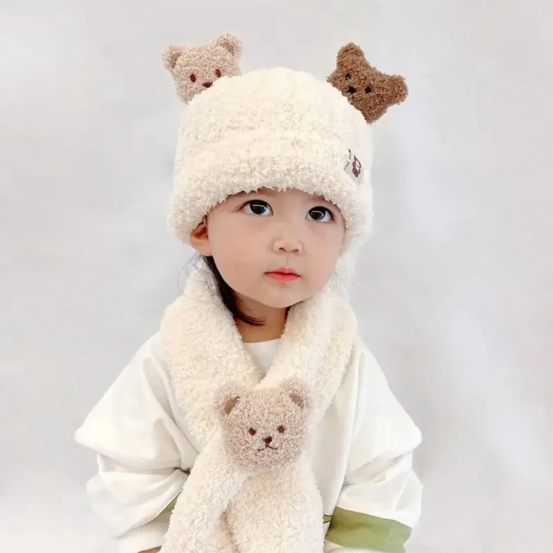 Set Toddler Baby Girls Plush Hat and Scarf with Bear and Cat  display picture 3