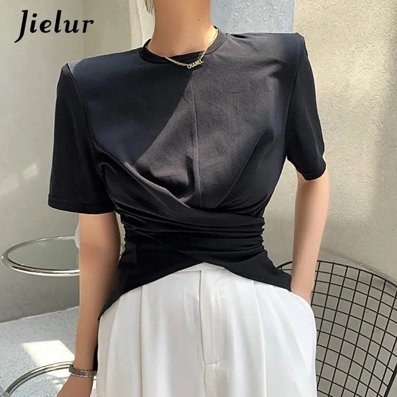 Black White Blue Shoulder Pad T-shirts Women Short-sleeved Irregular O-neck Blouse Female Fashion Slim Summer Tops Women S-XL 240403