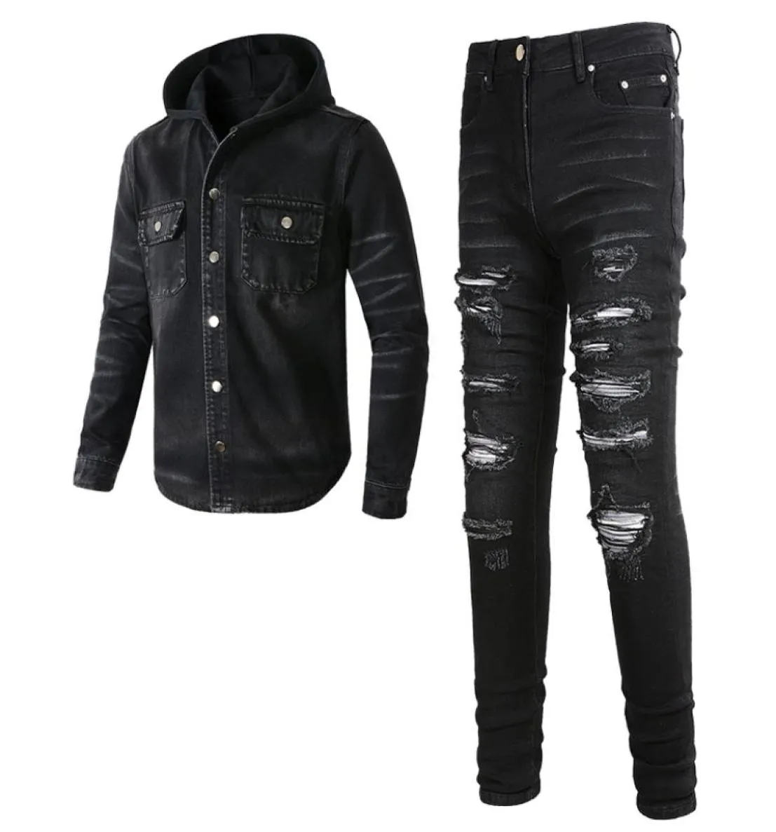 2023 Требовые костюмы Punk Street Men039s Black 2pcs Jeans Sets Spring Cooled Denim Jacket и разорванные растягивающие штаны Vintage Men9900846