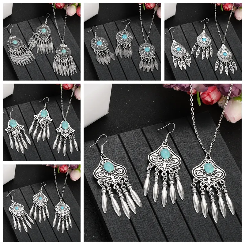 2023 Jóias indianas Conjunto de jóias indianas Prata étnica banhado geométrico de tamel esculpido colar jóias azuis para mulheres azuis femininas