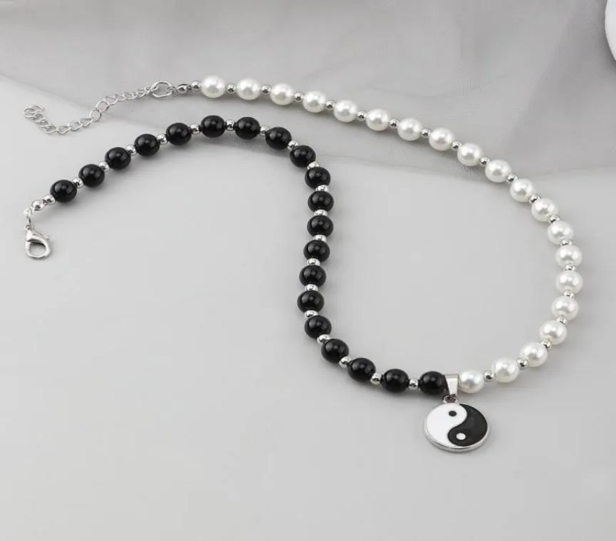 Chokers Round Pearl Beads Yin Yang Taichi Pendant Stainless Steel Chain Unisex Necklace Couple Jewelry Women Mens3695191