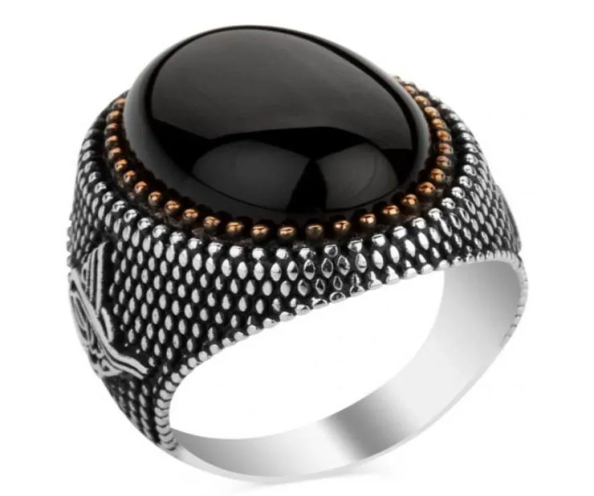 Handgjorda turkiska smycken vintage obsidian ringar för män kvinnor forntida silverfärg svart zirkonguld färgpärlor muslim 6632154