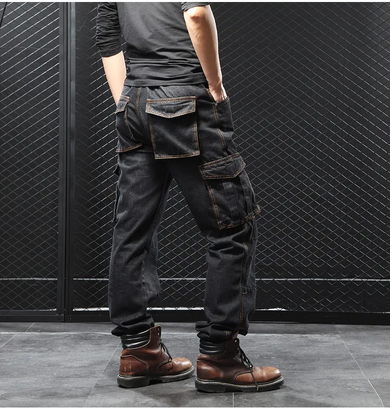 Men's Casual Cargo Denim cargo pants with Multi-Pockets 