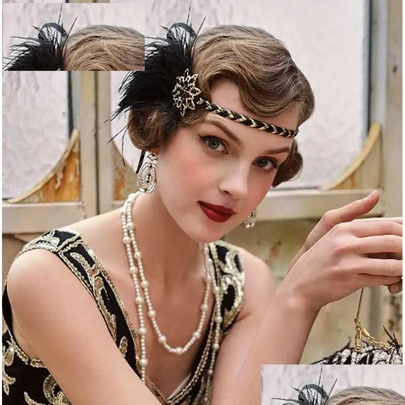 Accessoires de coiffure de couches 1920S FLPER BAND ROAGINE 20S GATSBY AUTRICH FEATHER AVEC CRISTAL Q231204 DROP DIVRAITEMENT FAS DHAXT