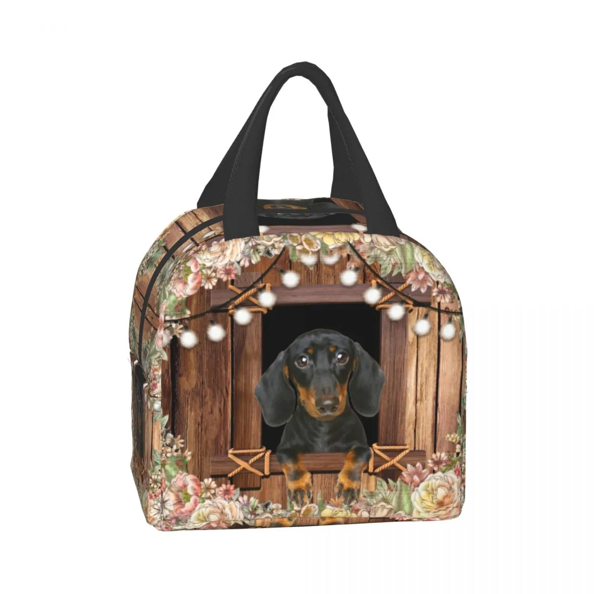 Dachshund hund med blommor lunchpåsar för kvinnor isolerade termiska kylare bento box barnskola mat bärbar picknick förvaring väska