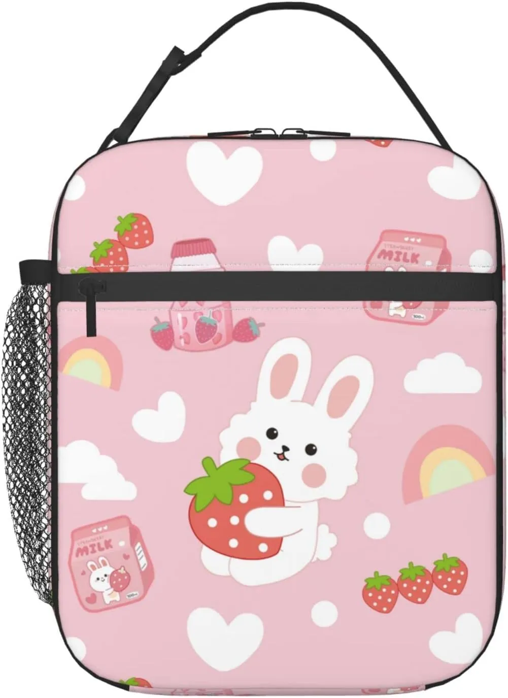 Borsa da pranzo rosa con coniglio di fragola pranzo isolato ragazze donne riutilizzabili le perdite portatili le perdite picnic scolastico