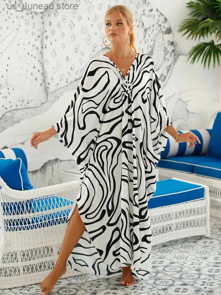 Urban Seksowne sukienki 2024 Seksowne Zebra Striped Bikini Cover-Ups Casual V-dions Side Summer Beach Dress Women Beach Wear Squalu