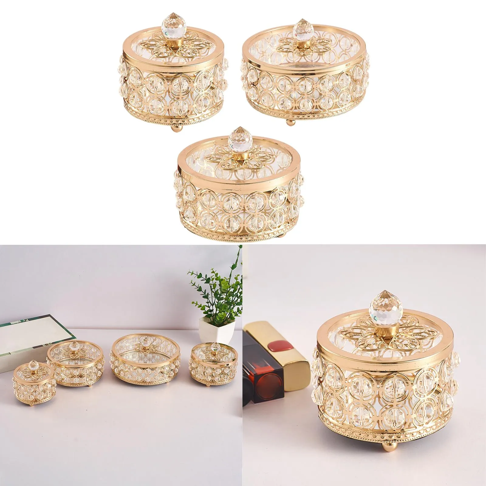 Crystal Jewelry Box Mirrored Base Storage Gold for Earrings Rings Necklace