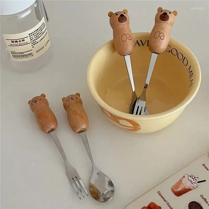 Dinnerware Sets 3pcs/set 430 Stainless Steel Creative Cartoon Cute Wooden Handle Tableware Dessert Spoon Coffee Stirring Fruit Fork