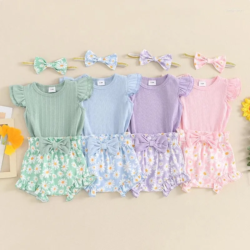 Ensembles de vêtements pour enfants pour enfants bébé filles 3pcs Summer Tenues Sleeve Rober Bow Front Shorts bandeau Set Born Vêtements