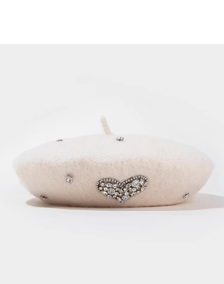 2024 Winter Women Wool Beret Love Heart Rhinestone British  display picture 2