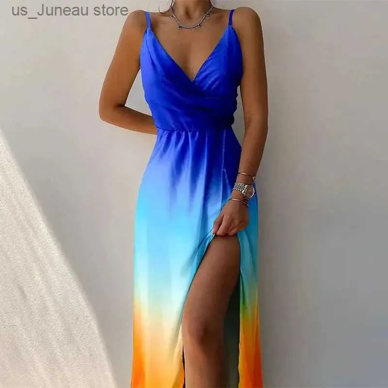 Basic Casual Dresses Women Print Camisole V Neck Slveless Dress A Line Long Dresses Spaghetti Strap Sexy Split Evening Skirt Prom Summer 2023 1 T240415